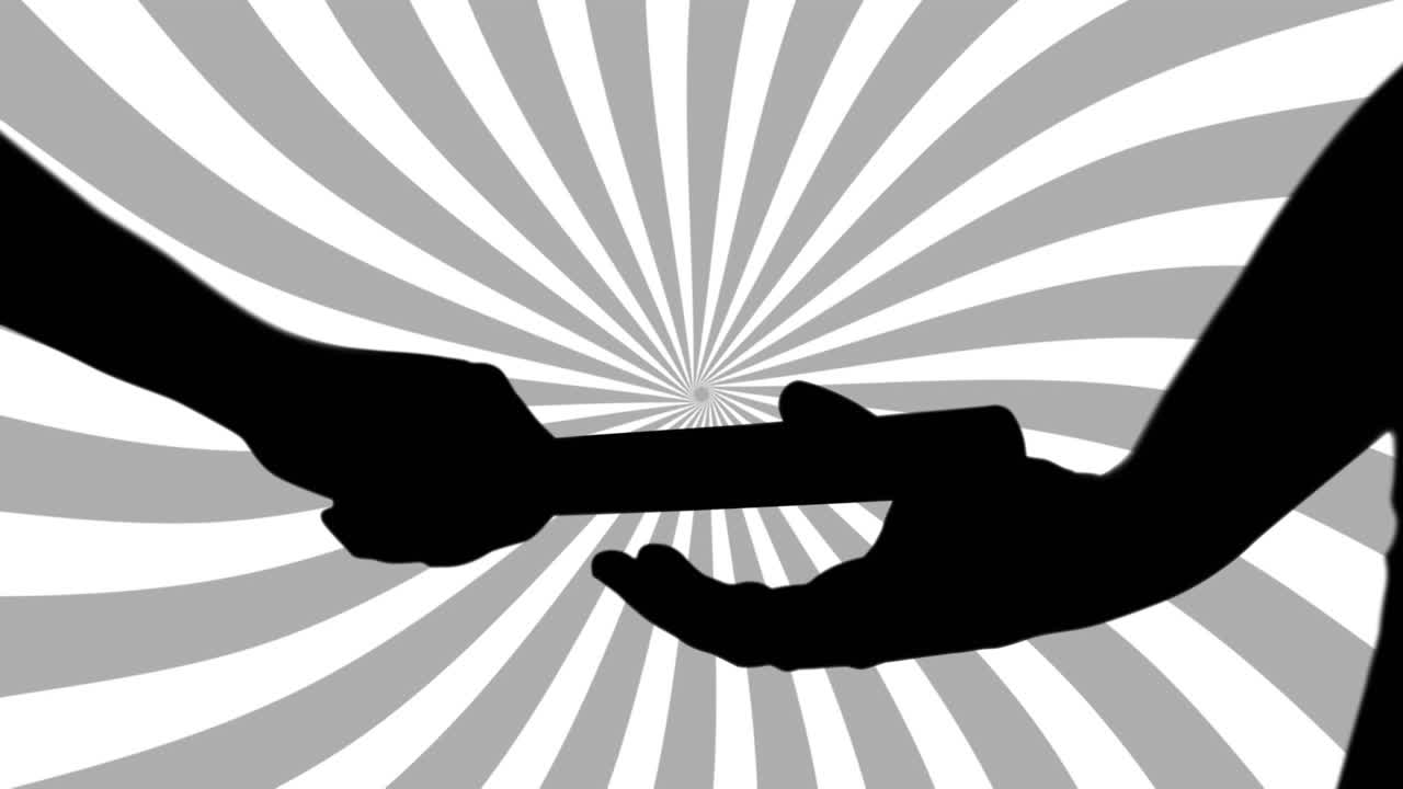 색 배경에 있는 모양 위에 릴레이 달리기 선수들의 실루의 애니메이션