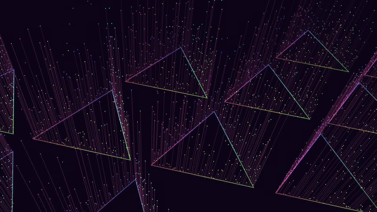Abstract futuristic footage of neon triangle outlines and vertical particle trails on dark background, digital data flow concept for technology, science, and innovation
