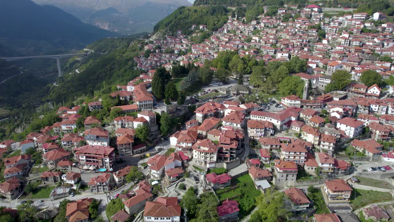 Metsovo Ioannina Greece, Traditional Greek Village and Stone Made Houses View, Aerial Pullback Shot
