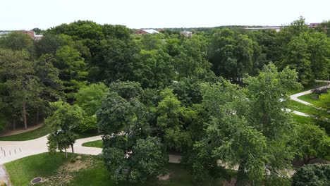 drone doing aerial movement over a green space at a college campus