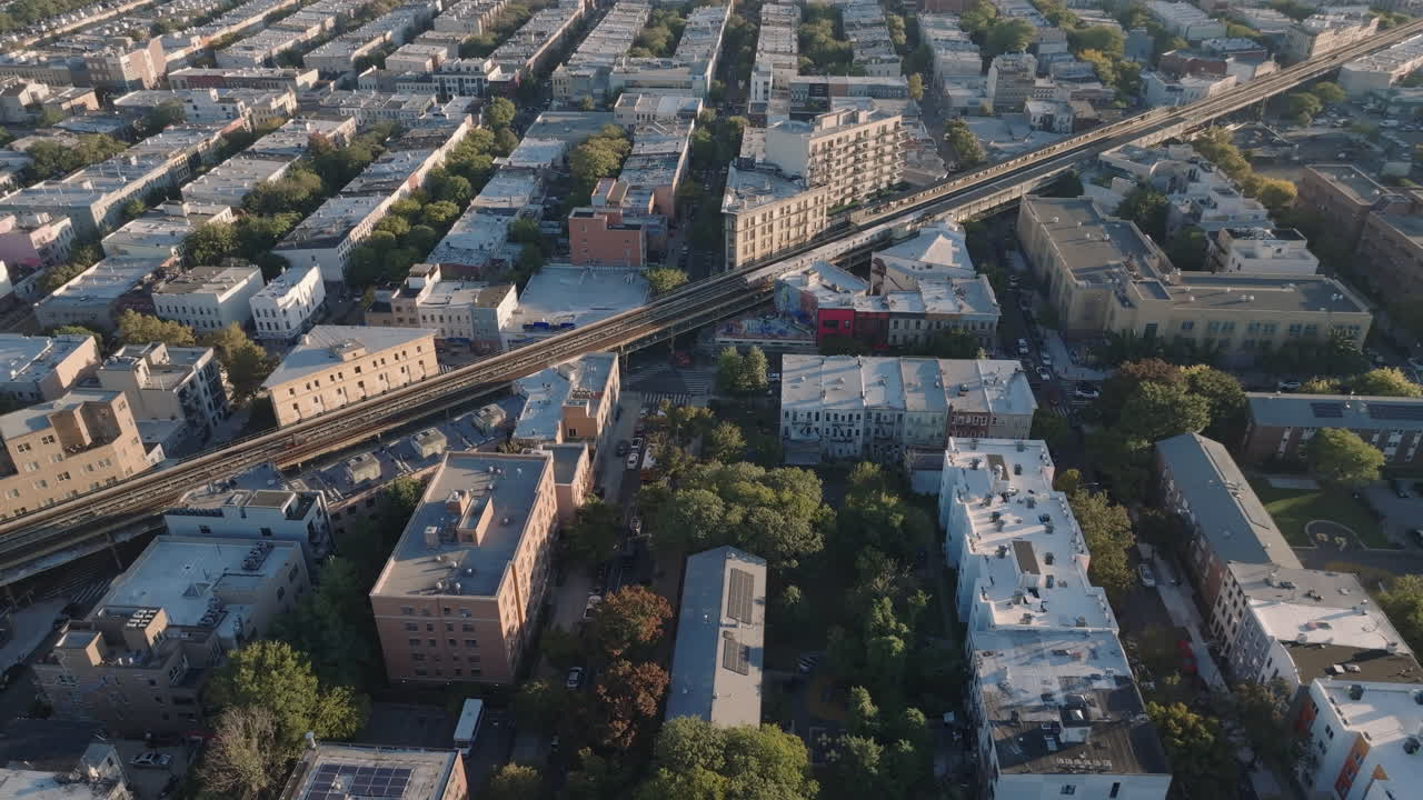 Aerial view of the subway in Brooklyn at sunrise. Shot on an autumn morning in New York City