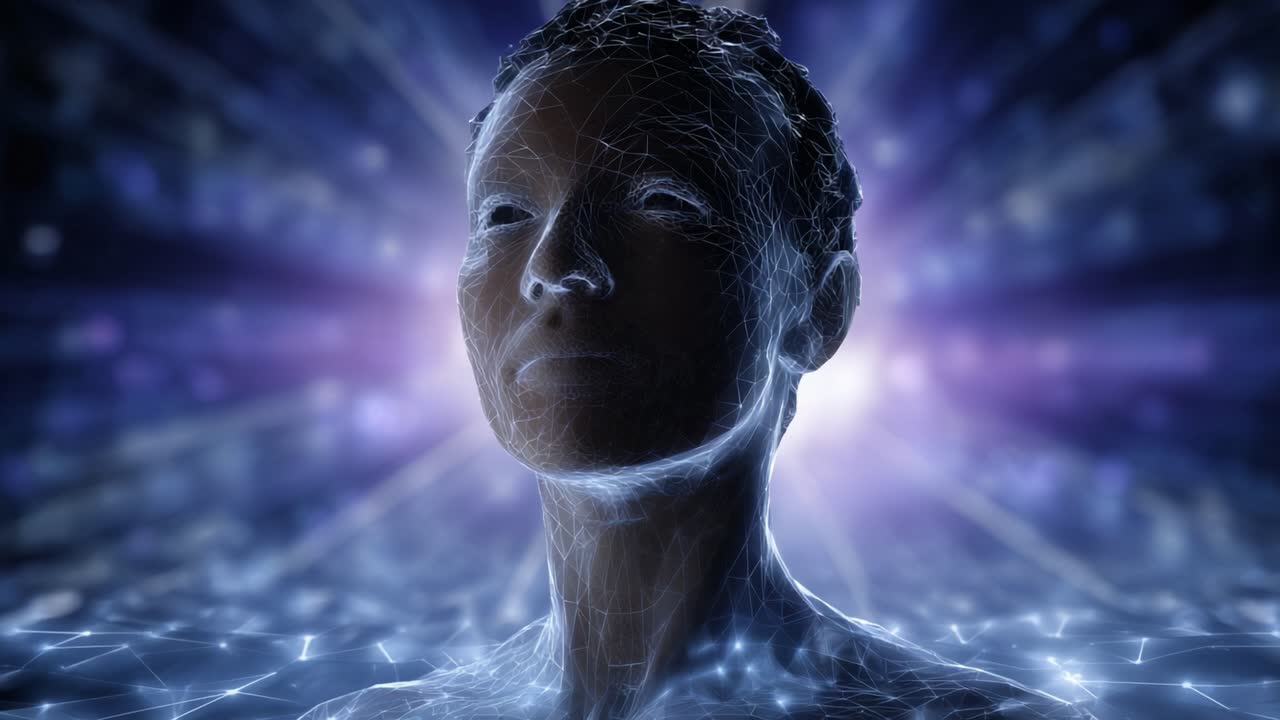 Une visualisation époustouflante d'une figure humaine stylisée, composée de lignes lumineuses complexes, symbolisant l'intersection de la technologie et de la conscience humaine.