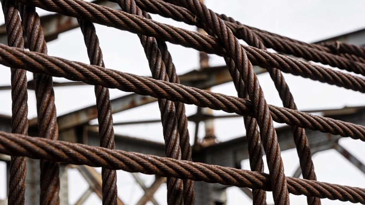 Cavi d'acciaio intrecciati che si muovono mentre un leggero spostamento della telecamera rivela una travatura reticolare di un ponte rivettato, sotto un cielo coperto.