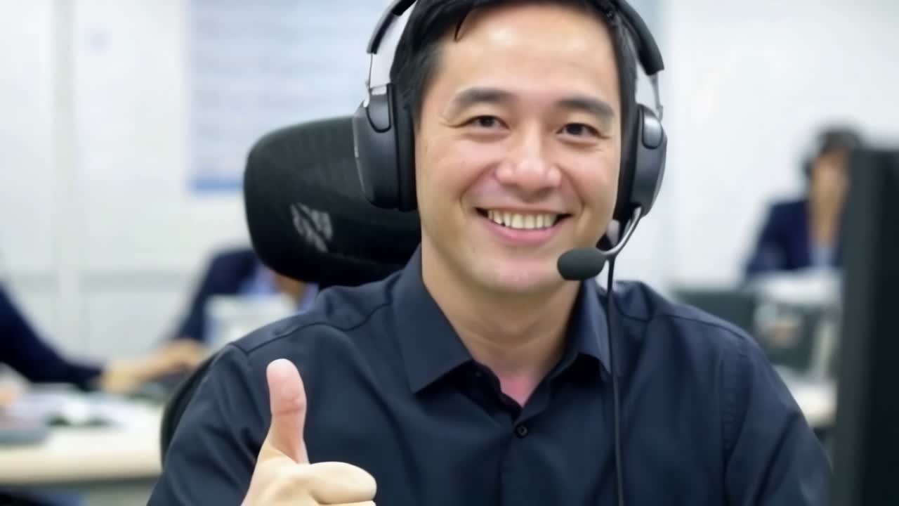 A man wearing headphones and a black shirt is smiling and giving a thumbs up