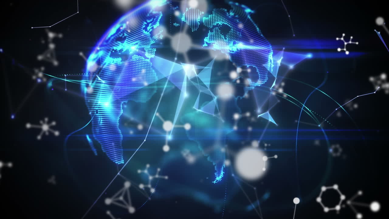 Animation of shapes and globe over molecules on black background