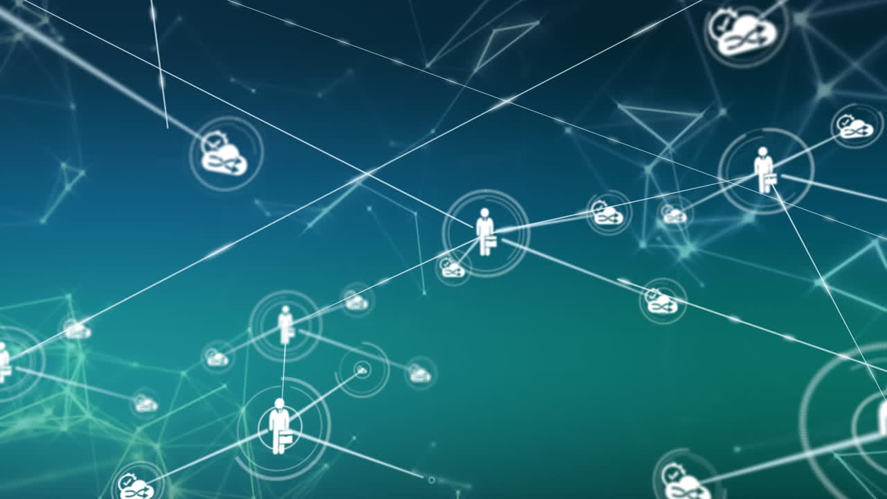 animación de la red de conexiones con iconos y formas sobre fondo verde