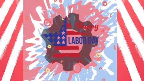 animación del texto de feliz día del trabajo, con rayas rojas, blancas y azules y la estrella de la bandera estadounidense