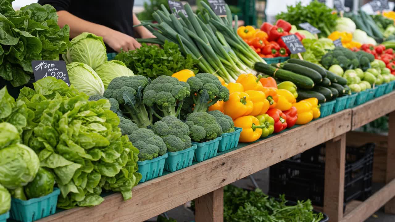 Vibrant Market Stand Overflowing with Fresh Vegetables, Showcasing Bright Green Broccoli, Crisp Lettuce, and Colorful Bell Peppers Perfect for Healthy Eating