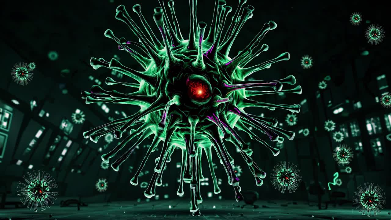 사이버 크 도시에서 떠다니는 바이러스 세포는 대기 관점에서 잠재적인 팬데 발병의 극적이고 불안한 장면을 만니다.