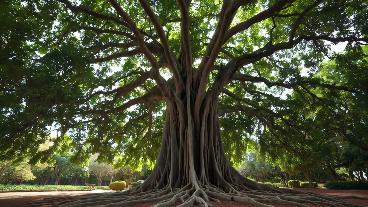 Majestic Ancient Tree with Sprawling Roots in a Park