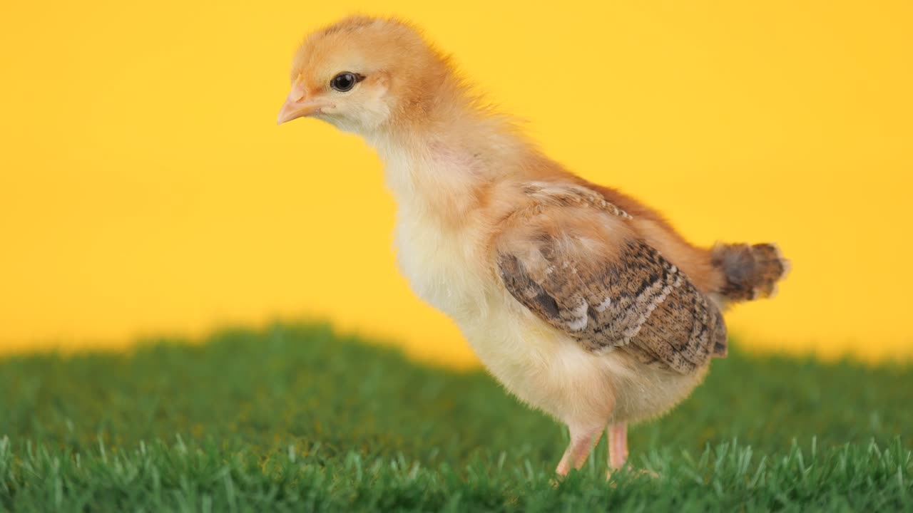 Two-week-old chicken on a yellow background taking in its surroundings