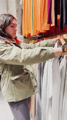a woman is shopping for clothes in a store