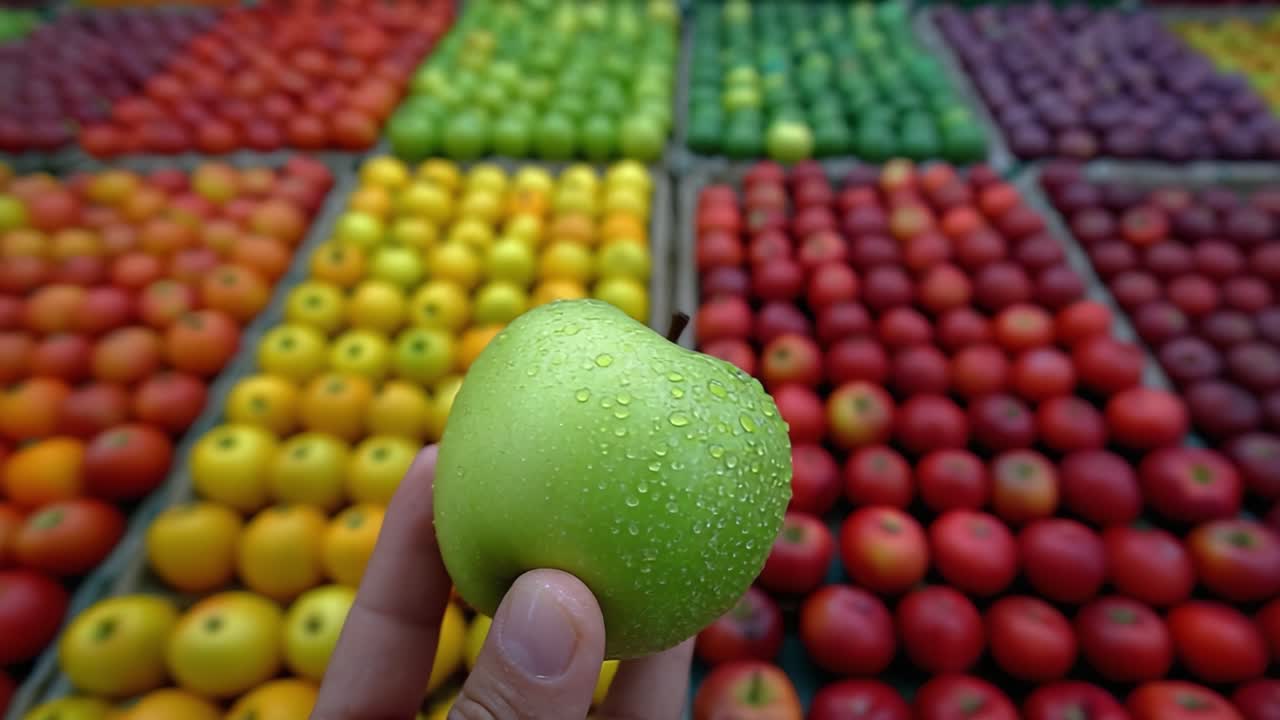 Levende utstilling av ferske frukter: En hånd holder et duggfriskt grønt eple mot en fargerik bakgrunn av moden sitrus og andre frukter i ulike nyanser.