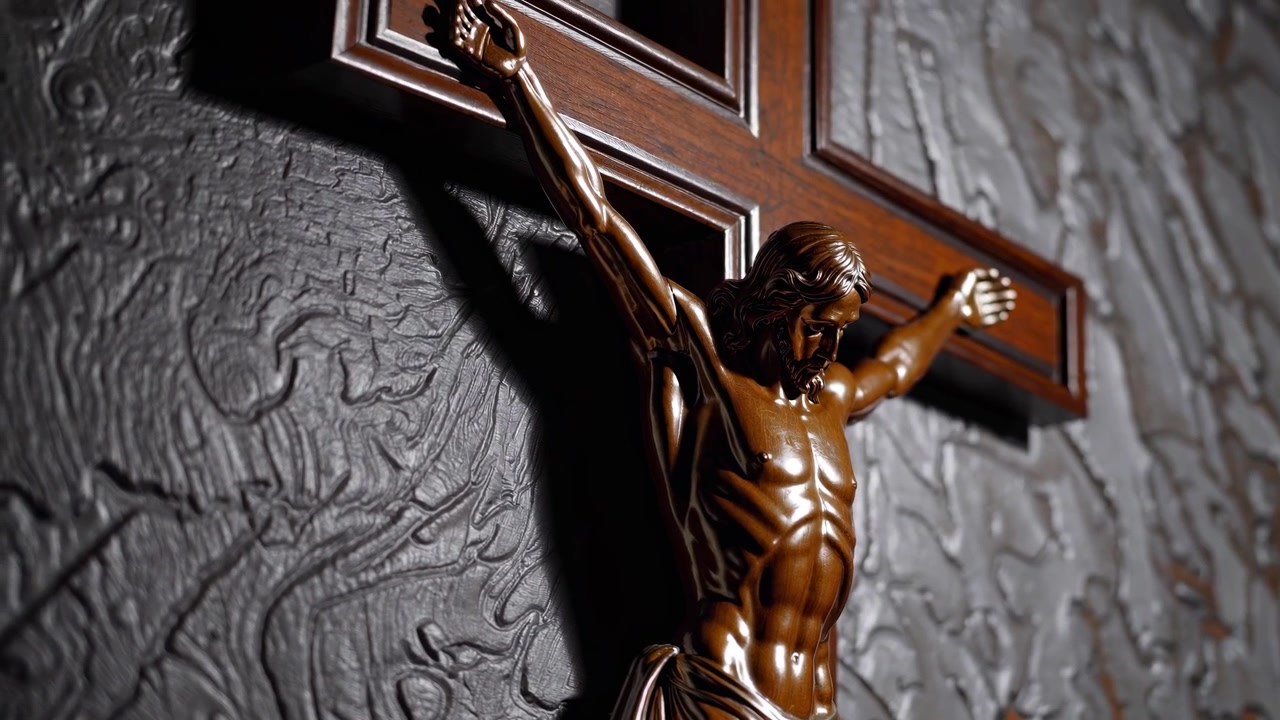 Zoom Out on a Wooden Crucifix of Jesus Against a Dark Wall