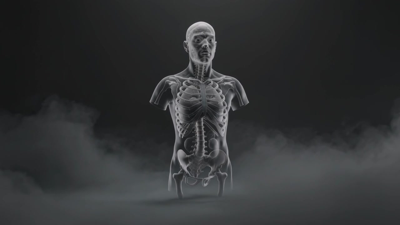Telecamera che si muove su dolly rivelando un torso in CG in uno spazio buio, con un riflettore e nebbia che mostrano costole e colonna vertebrale per i dettagli.