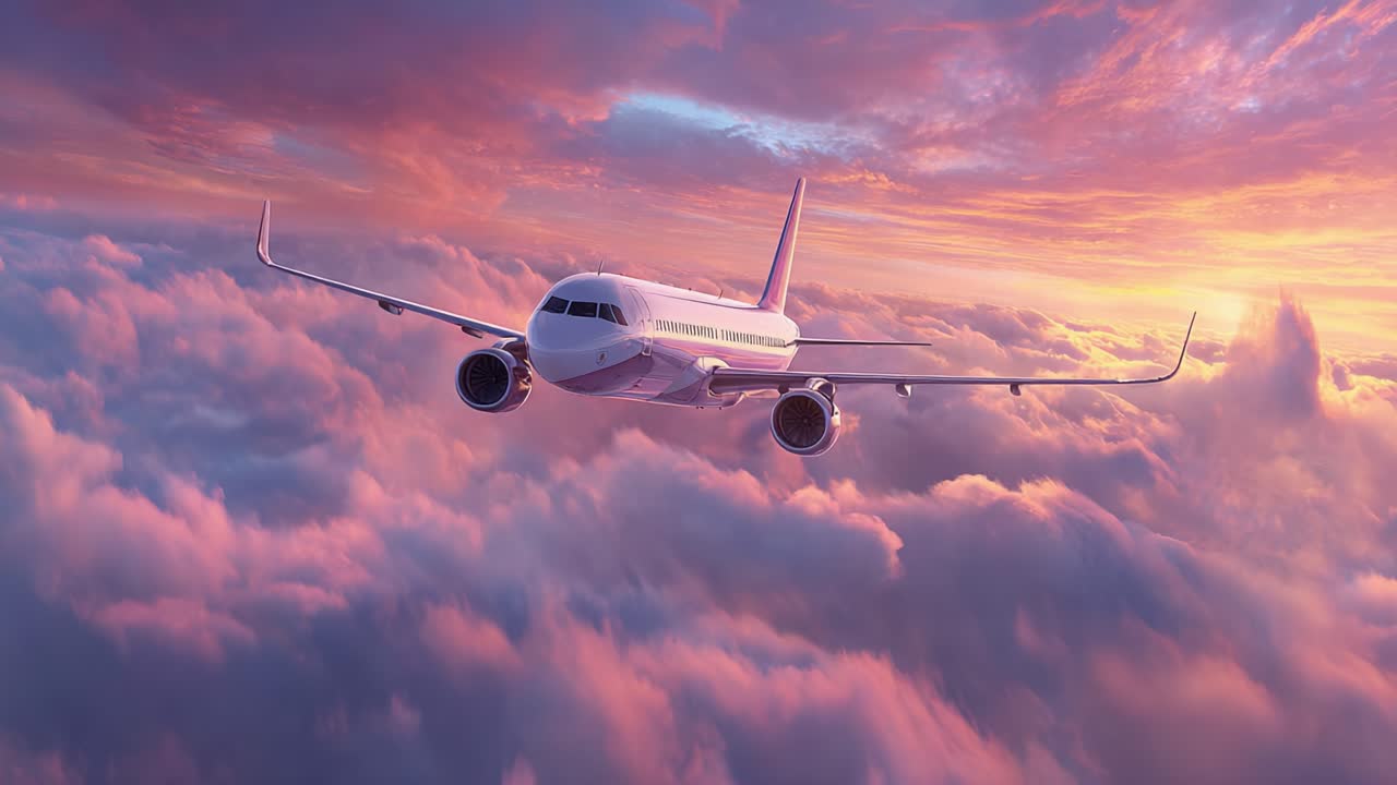 A Majestic Aircraft Soaring Above Vibrant Sunset Clouds, Capturing the Serenity and Beauty of Air Travel amidst Nature's Colorful Artistry