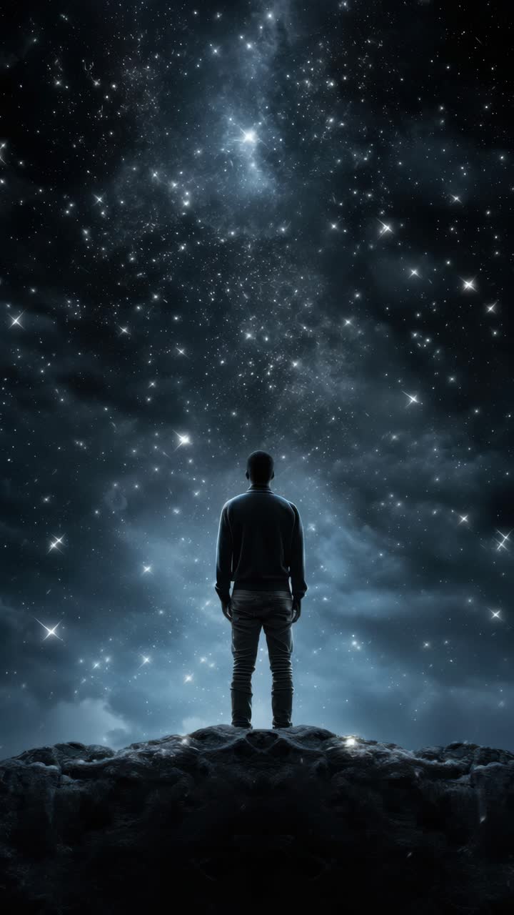 A person stands on a rocky surface gazing at a starry sky. The low-angle shot creates a cinematic