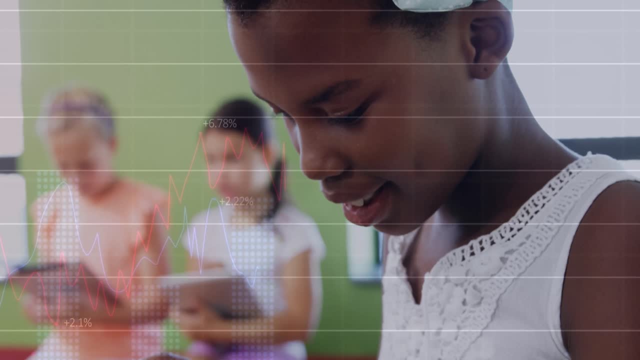 Animation of data processing and numbers over diverse school children using tablets