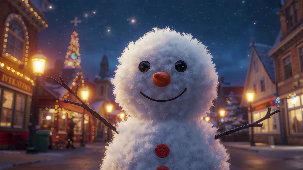 Pulling back camera revealing fluffy snowman on snowy street at night, with festive Christmas tree