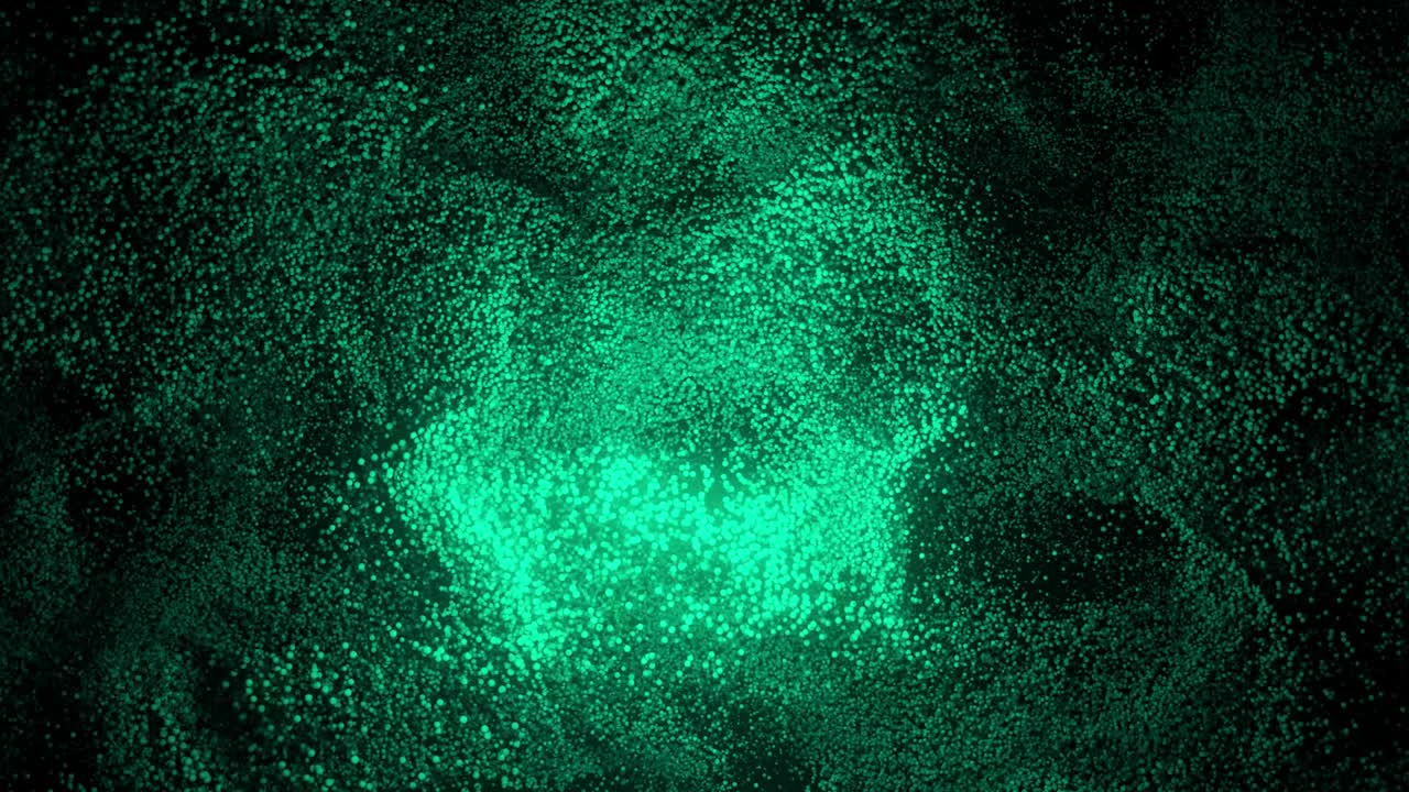 patrones abstractos de arena verde que se extienden sobre un fondo negro. nube de puntos verdes girando en la oscuridad. datos virtuales. fondo de movimiento de bucle vj. animación 4k - renderizado en 3d