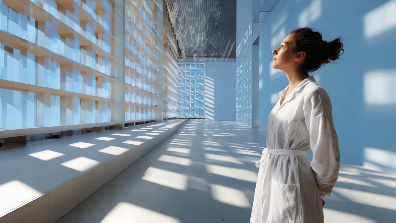 A Tranquil Moment: A Woman in a White Robe Enjoys the Sunlight Streaming Through Architectural Windows, Illuminating a Modern Space, Capturing Serenity and Beauty Against a Minimalist Backdrop
