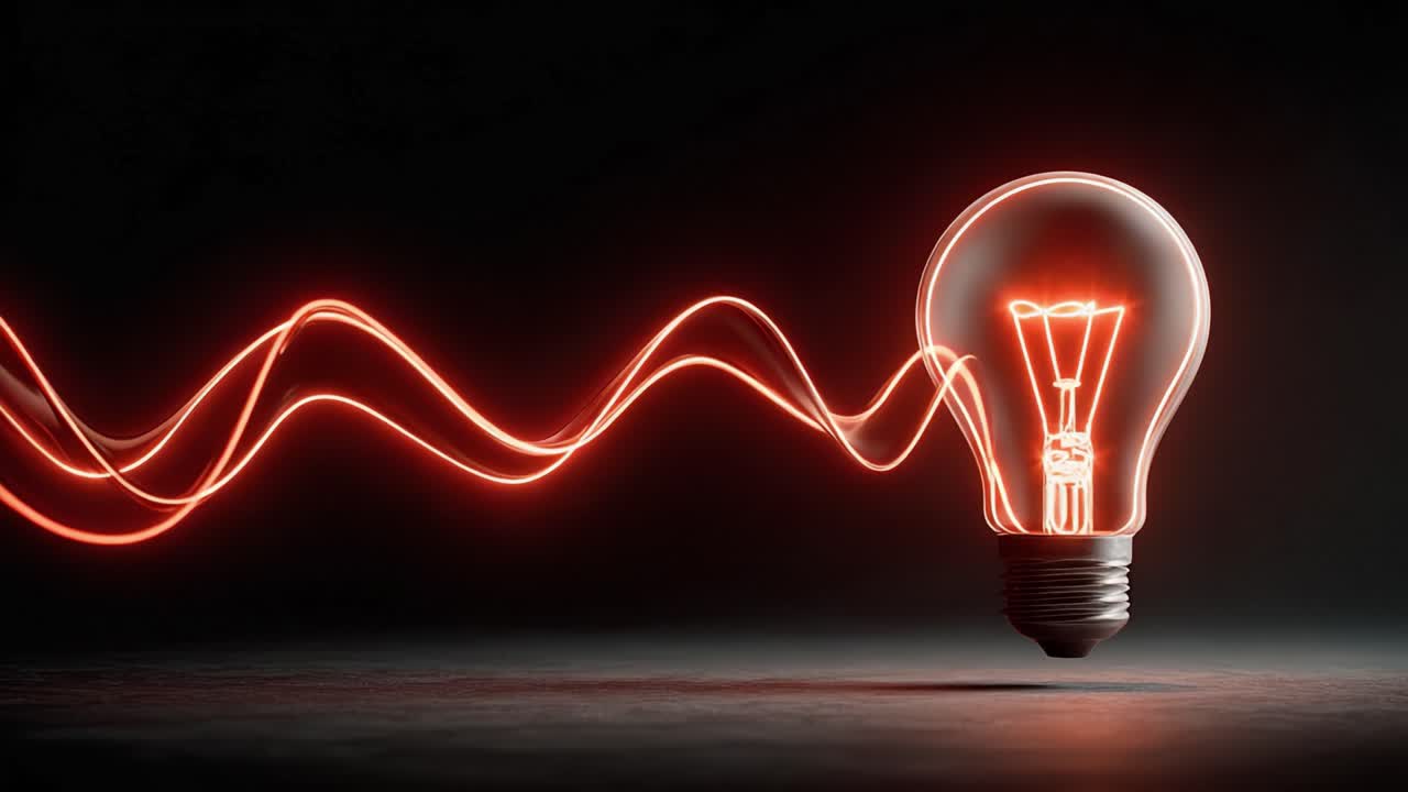 Luminous red electrical current flowing into a classic glass light bulb, making the tungsten filament glow brightly against a dark background, conceptualizing ideas, energy, and innovation