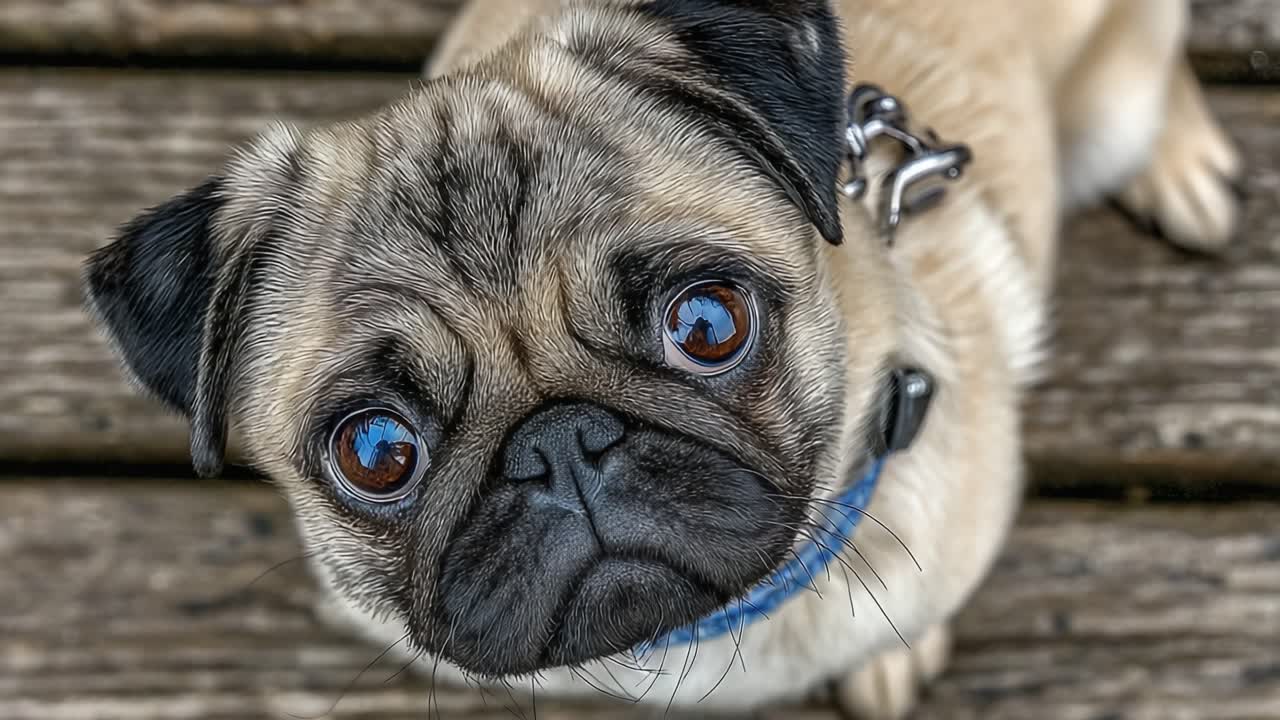 表現豊かな瞳と遊び心のある態度を持つ愛らしいパグ犬が、心温まる瞬間の2つのフレームに捉えられています。