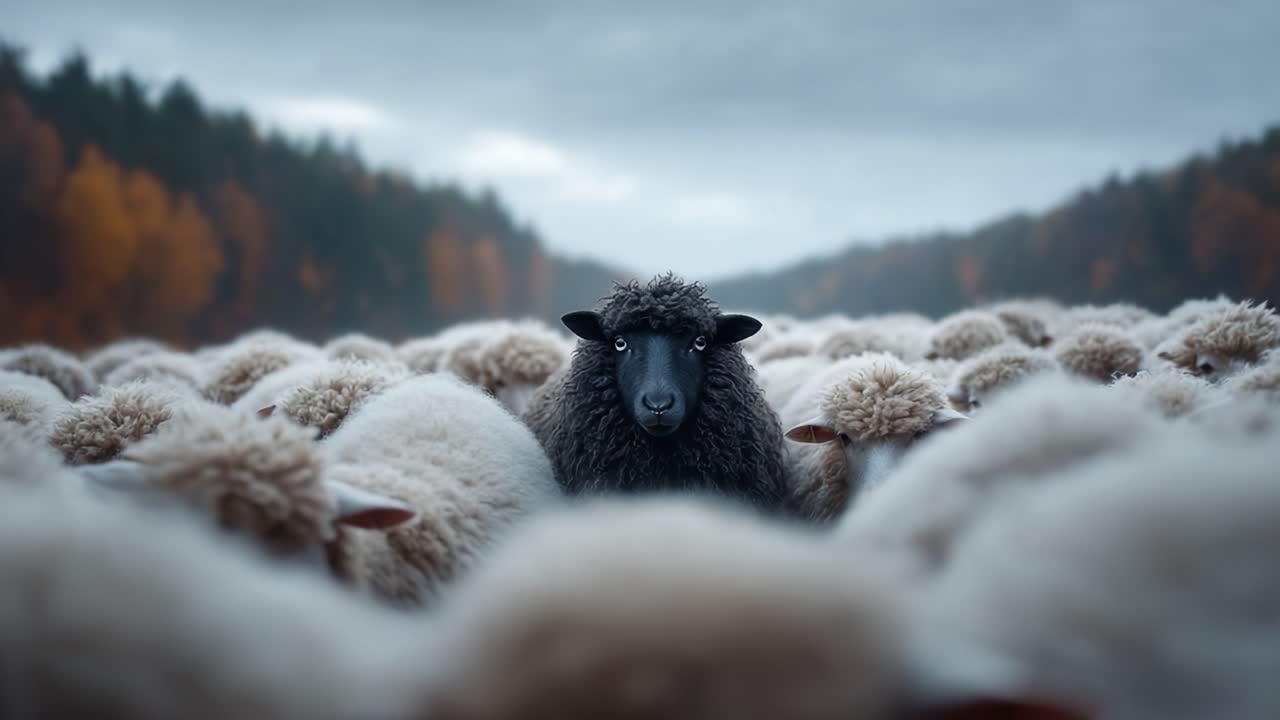 Una scena accattivante con una pecora nera unica circondata da un gregge di pecore bianche, che crea un contrasto visivo sorprendente in un sereno ambiente di campagna