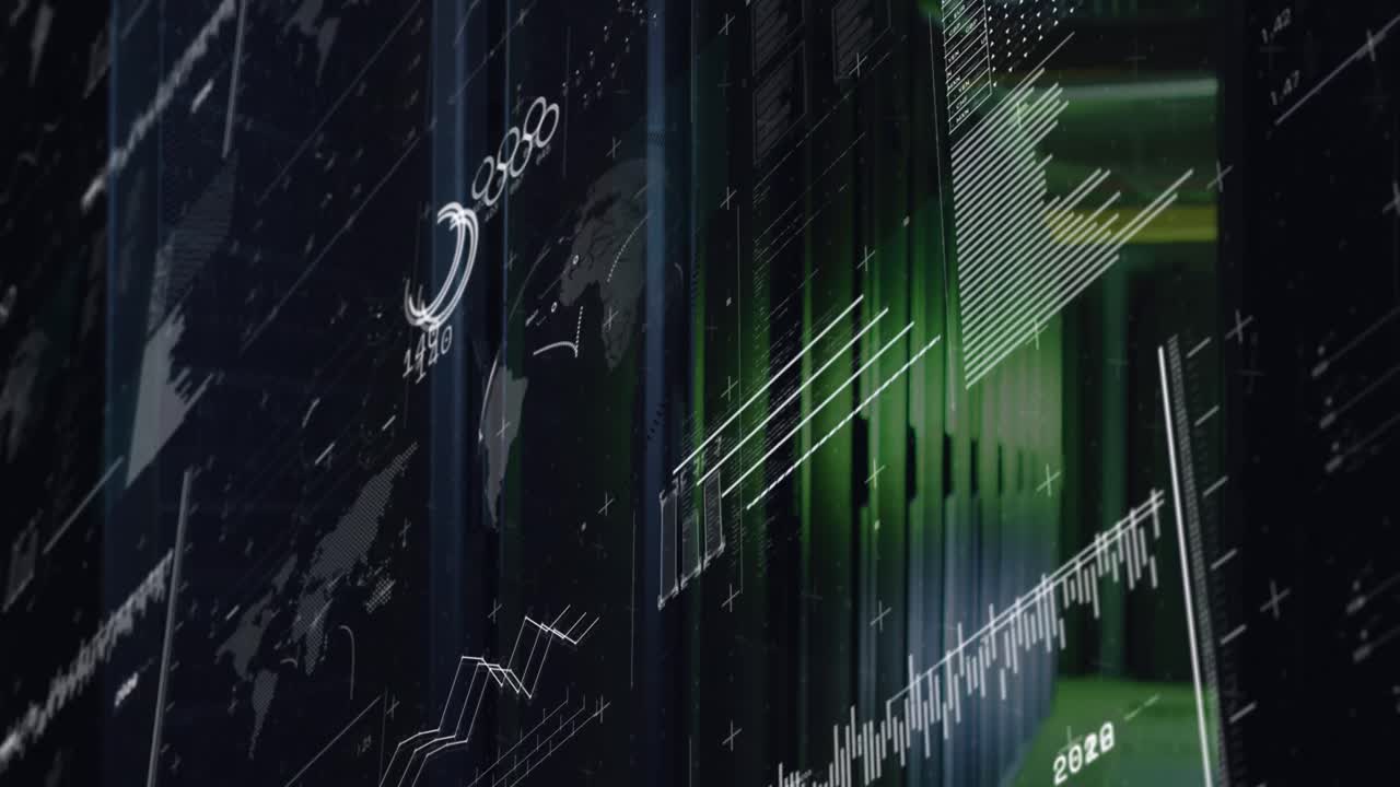 Animation of interface with spinning globe and statistical data processing over computer server room