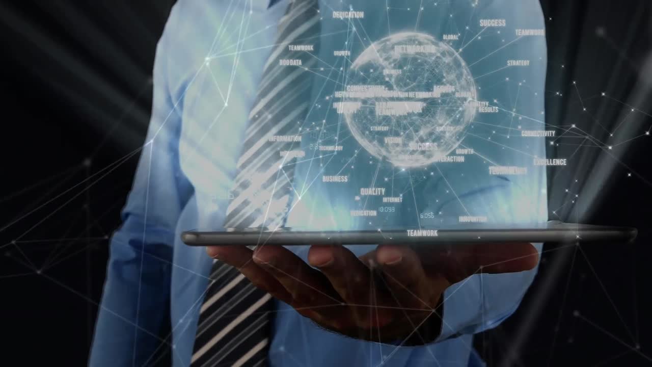 Animation of data processing over african american businessman using tablet