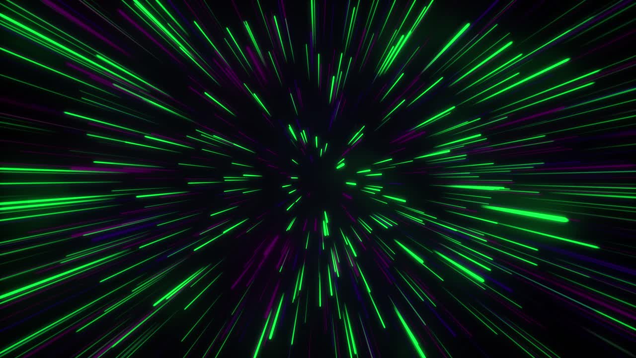un circuito senza cuciture di particelle di luce, linee di zoom, tunnel nello spazio, aria su sfondo nero, fascio di luce al neon, laser astratto, animazione 3d, motion graphics, effetti visivi, colorato, 4k, verde, viola.