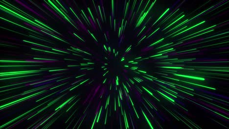 Seamless-loop-particle-light-zooming-lines-tunnel-in-space-air-on-black-background-neon-glow-beam-laser-abstract-3D-animation-motion-graphics-visual-effect-colourful-4K-green-purple