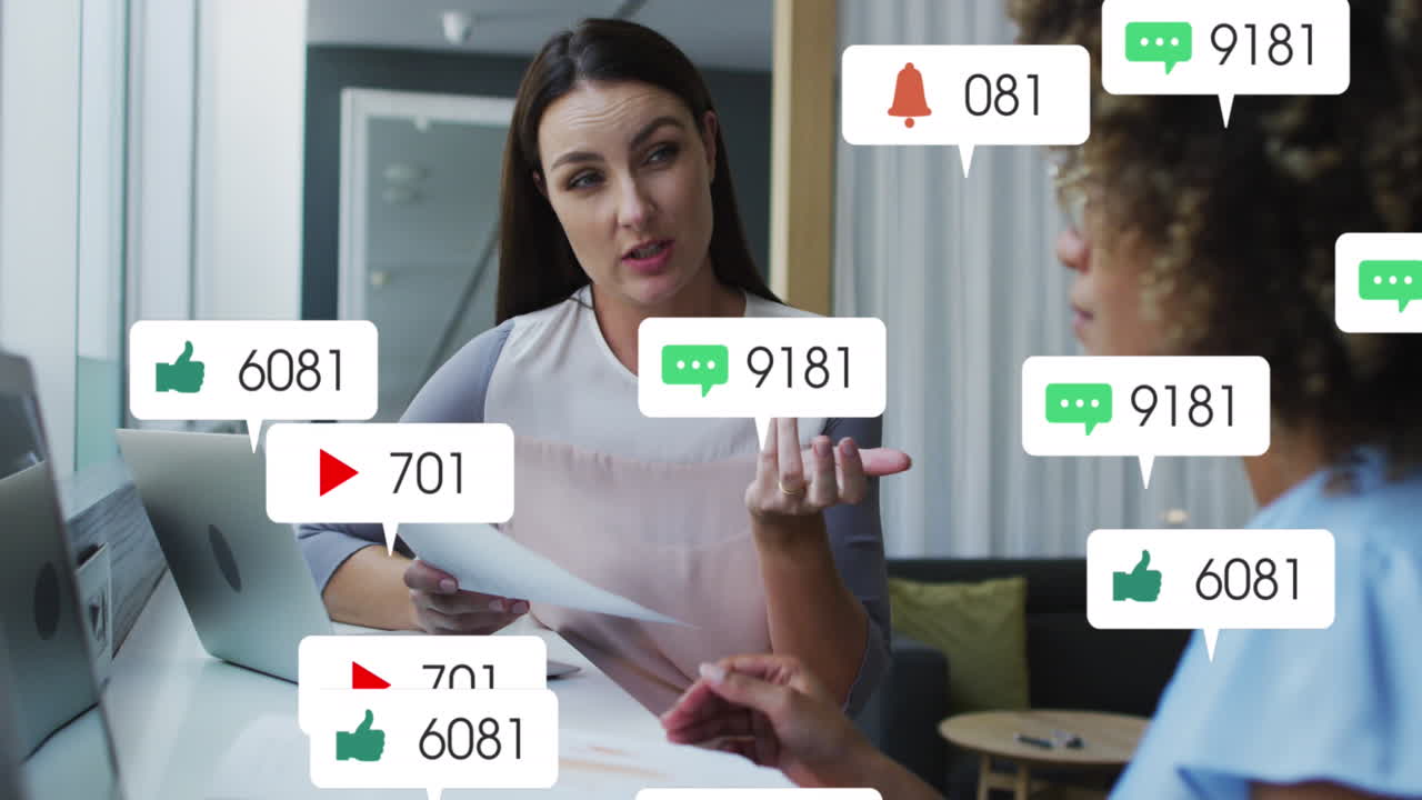 Animation of multiple notification bars over diverse female coworkers discussing reports in office