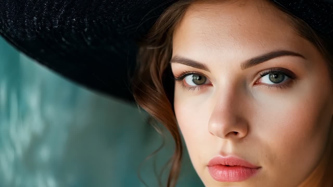 검은 모자를 입은 여자가 카메라를 보고 있다