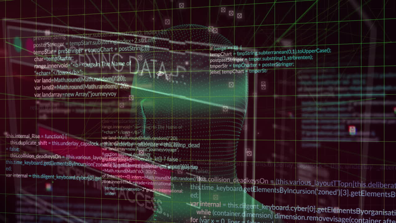 animación de la interfaz con procesamiento de datos sobre un modelo de cabeza humana giratoria contra un fondo rosa.