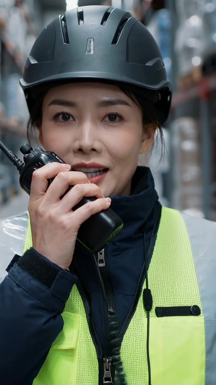 Video verticale: Alzando la radio, un operaio parla in un corridoio di magazzino, guidando la merce con giubbotto e casco.