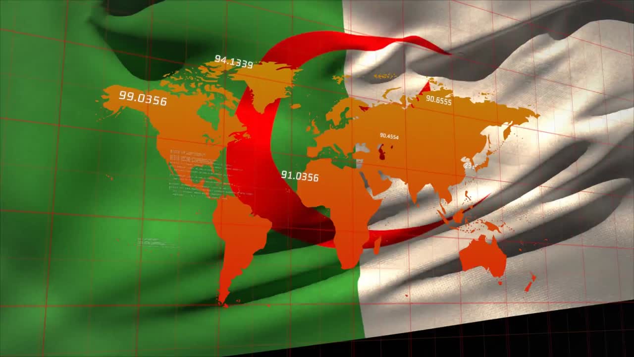 Animazione di elaborazione dati sulla bandiera dell'Algeria e sulla mappa del mondo.