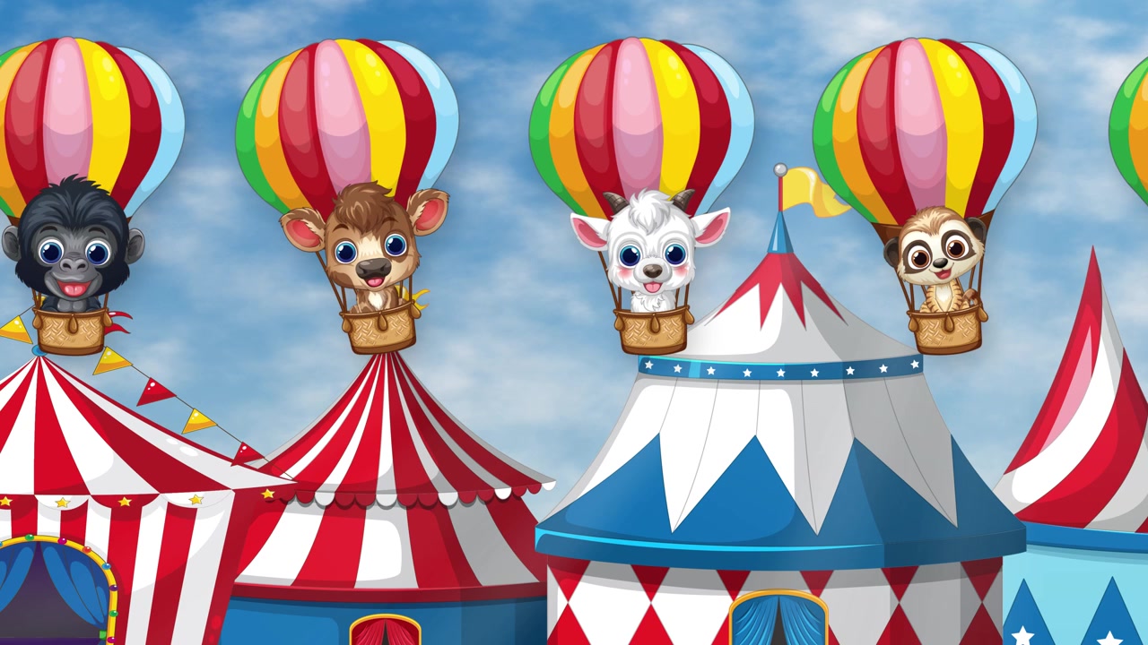 Cute Cartoon Animals Flying in Colorful Hot Air Balloons Over Circus Tents