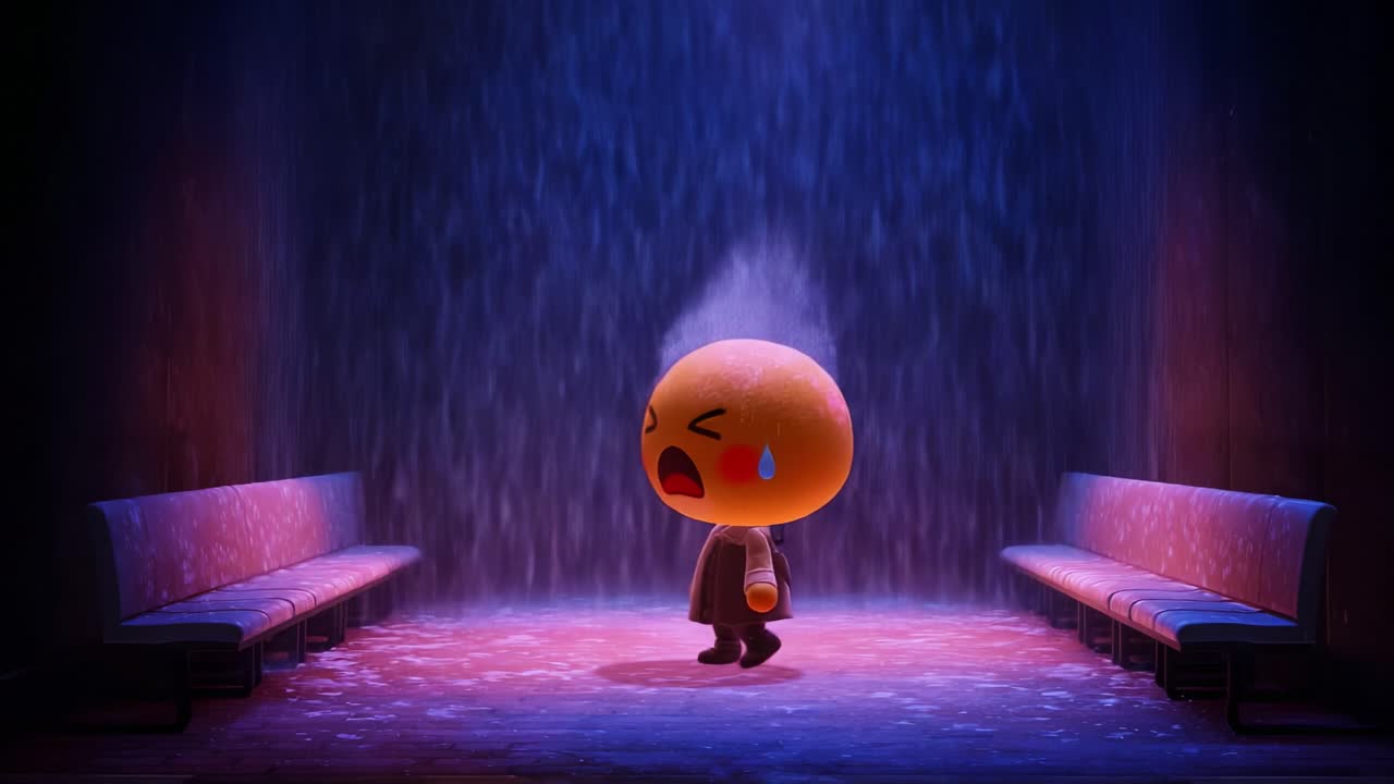 A lonely character trapped in a rain-soaked environment, expressing deep emotions of sadness and despair, surrounded by empty benches and a dramatic backdrop of cascading water