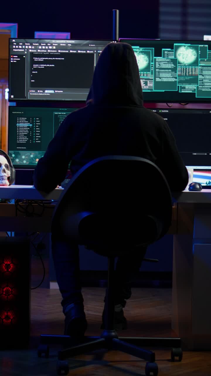 Video verticale. Hacker solitario in un rifugio segreto che cerca di nascondere l'attività online