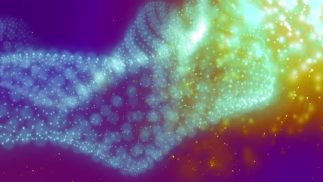 animación de puntos de luz amarillos brillantes y onda digital verde contra un fondo púrpura.