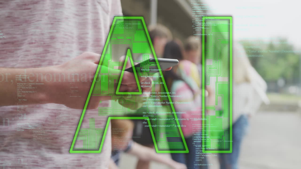 animación de procesamiento de datos y texto ai sobre estudiante caucásico usando teléfono inteligente