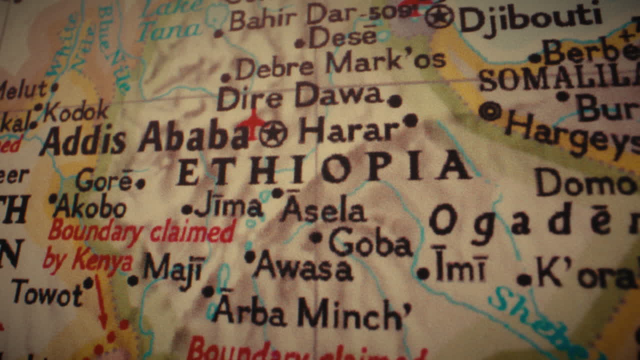 Close-up of a Political Map Showing Ethiopia and Surrounding East African Countries