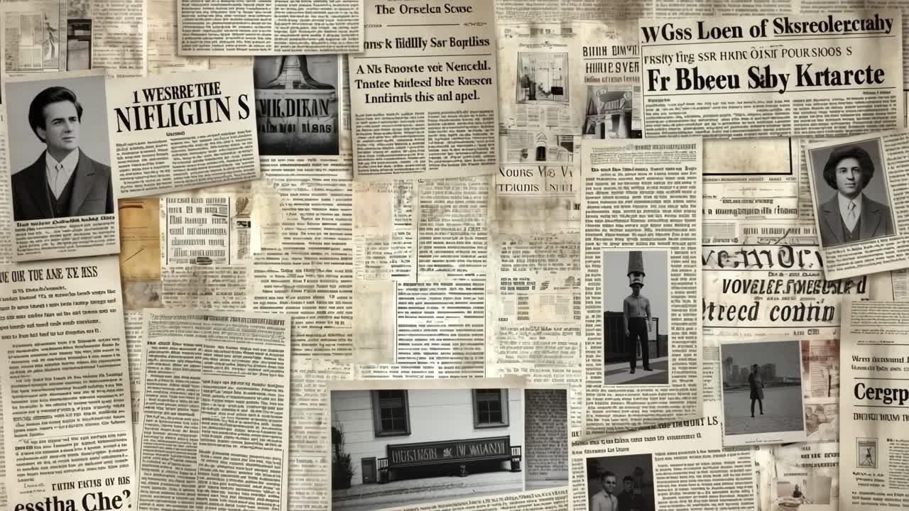 Vintage newspaper collage with a dynamic top-down camera angle, creating a nostalgic video backdrop