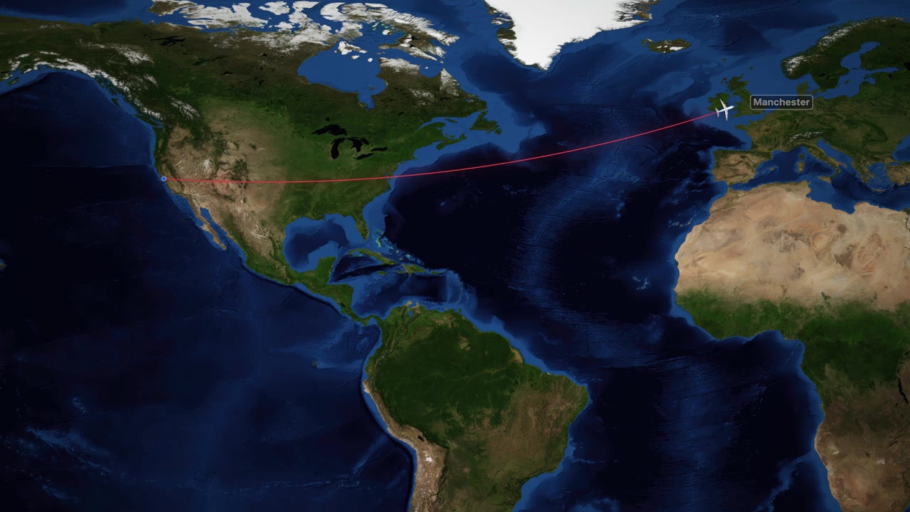 Un icono de avión digital viaja a lo largo de una línea roja a través de una vista de mapa mundial satelital