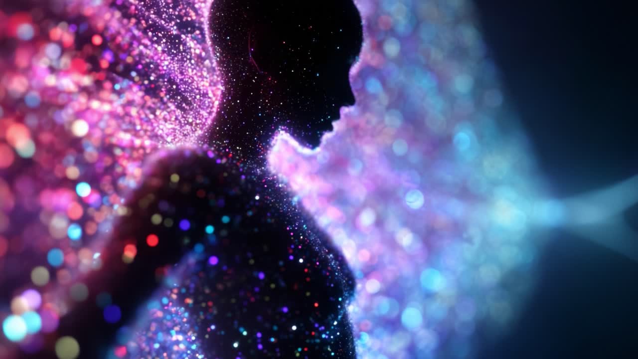 A mesmerizing journey through vibrant colors and sparkling particles, showcasing a silhouette that embodies the essence of light and energy, revealing the beauty of creativity and cosmic wonder