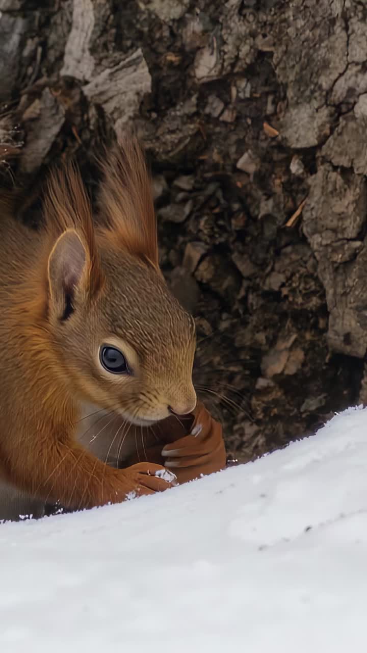 Video verticale: uno scoiattolo rosso trova una noce, rimuove la neve e rosicchia il guscio per mangiarla su un albero, zampe anteriori