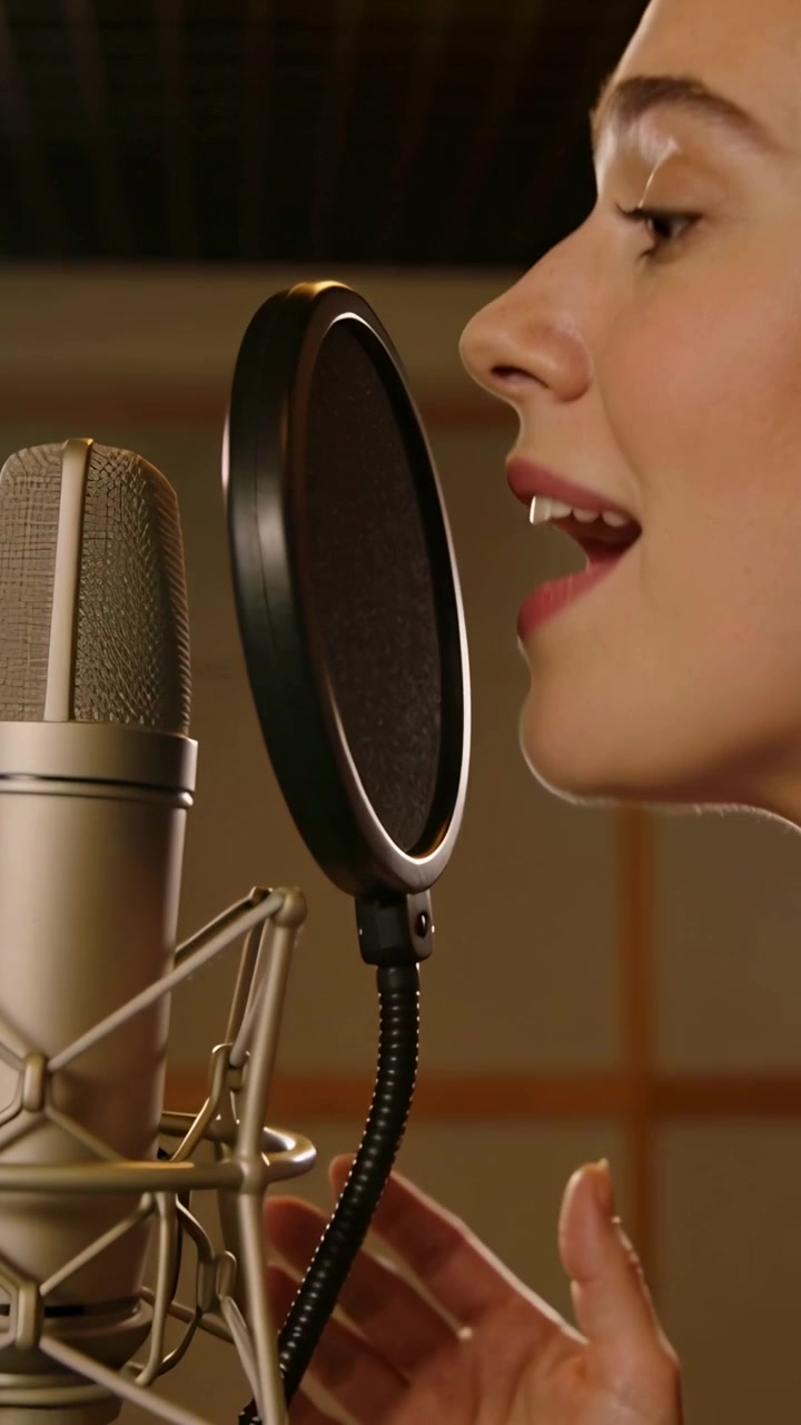 Video verticale: Cantante con gli occhi chiusi, con un top scuro, che canta nel microfono in cabina di registrazione, con spazio per il testo.