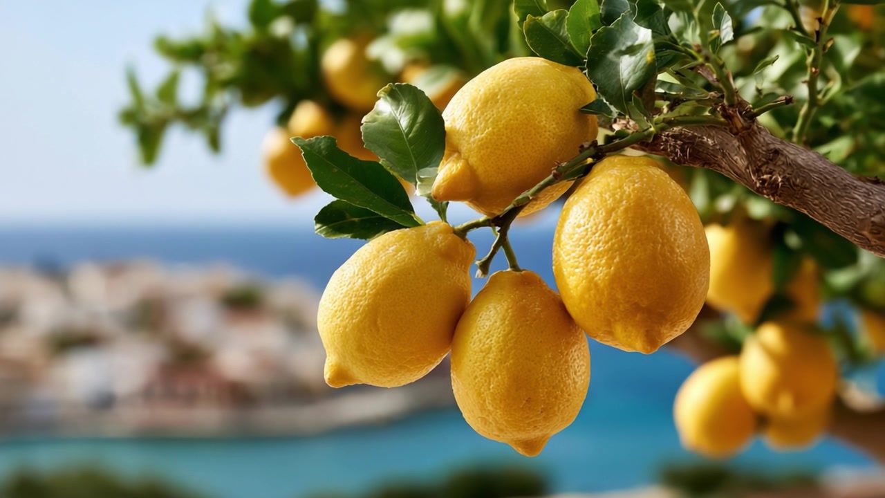 Limoni gialli vivaci che pendono rigogliosi da un ramo in mezzo a uno sfondo costiero panoramico, catturando perfettamente la bellezza e la freschezza della natura