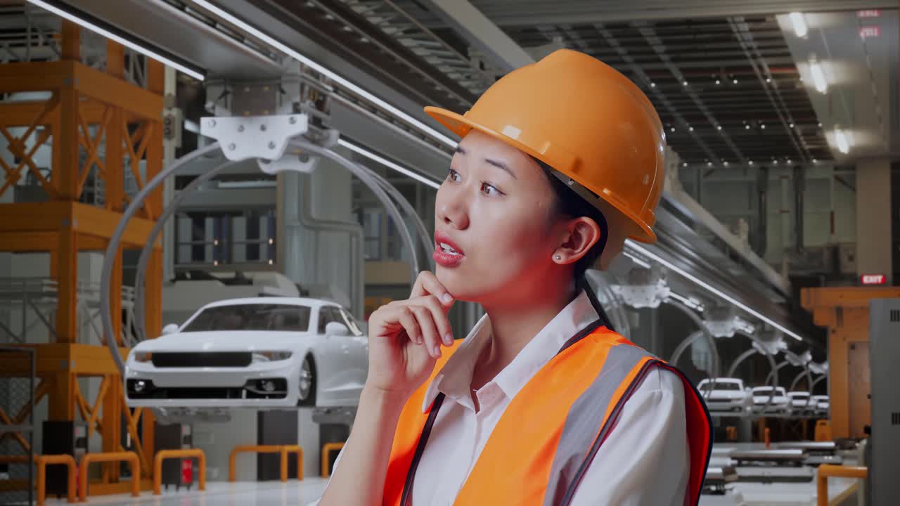 안전 헬을 입은 아시아 여성 엔지니어가 생각하고 주위를 둘러보며 ev 자동차 공장에서 서있는 동안 지표손가락을 올리고 있습니다.